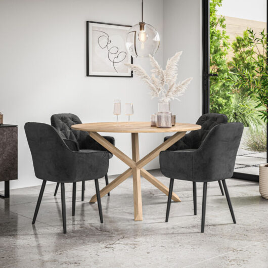 Malvern Round Dining Table And Chairs - Oak Table Top w Solid Oak Legs + Anika Velvet Dining Chair Set Of 4 (Black)