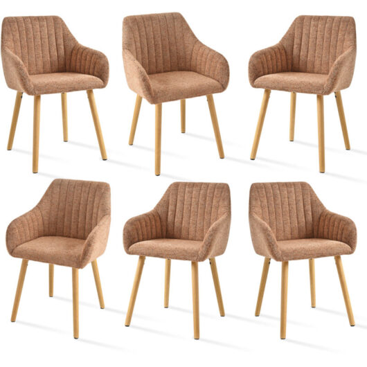 Minimalist dining chairs with comfortable backrests, ergonomic armrests and sturdy wooden legs - Set of 6 - Brown