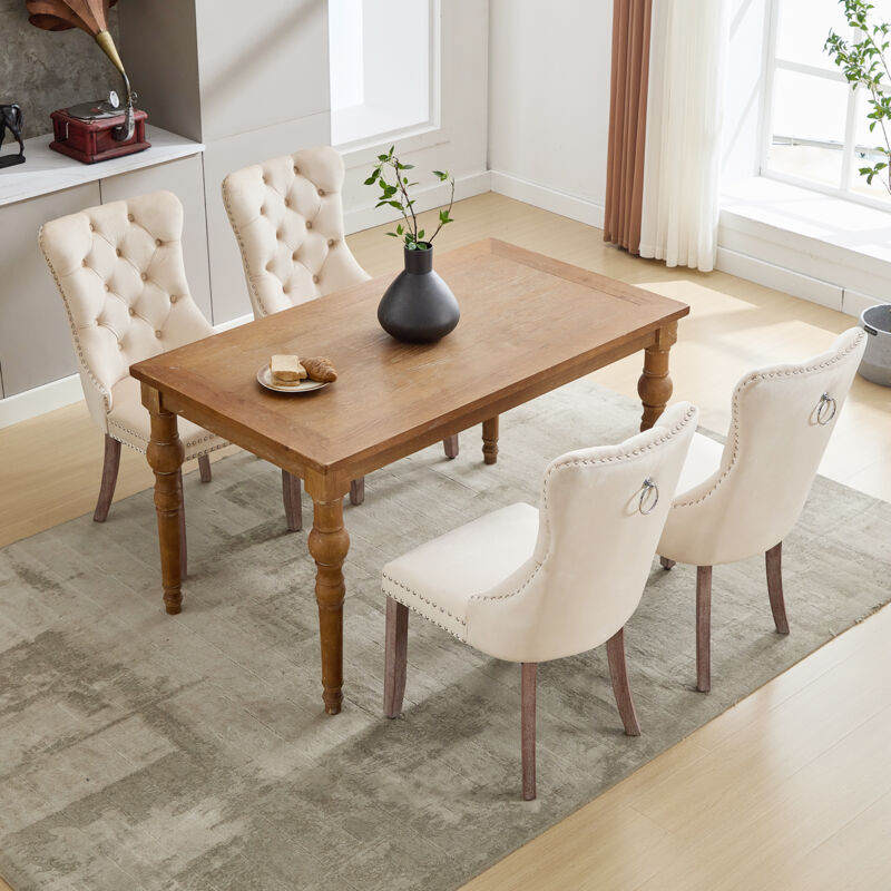 Modern Set of 4 Upholstered Velvet Dining Chairs, Button Tufted Kitchen Lounge Chairs with Brushed Wood Legs, Riveted Trim and Knocker Ring, for