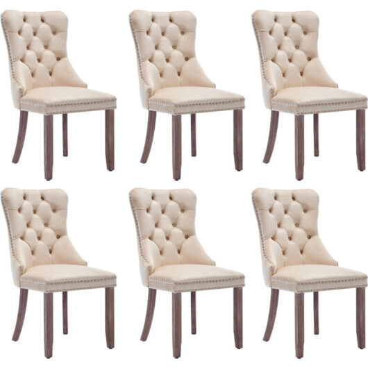 Modern Set of 6 Upholstered Velvet Dining Chairs, Button Tufted Kitchen Lounge Chairs with Brushed Wood Legs, Riveted Trim and Knocker Ring, for