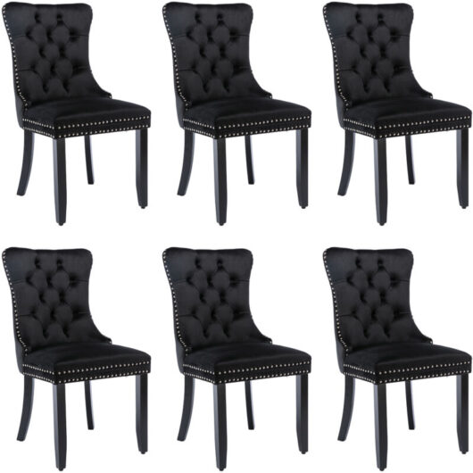Modern Set of 6 Upholstered Velvet Dining Chairs, Button Tufted Kitchen Lounge Chairs with Solid Wood Legs, Riveted Trim and Knocker Ring, for Dining