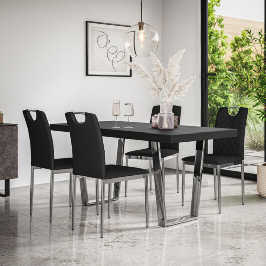 More4homes - Aria Dining Table And Chairs - Black Table Top w Chrome Legs + Monza Faux Leather Dining Chair w Chrome Legs Set Of 4 (Black)