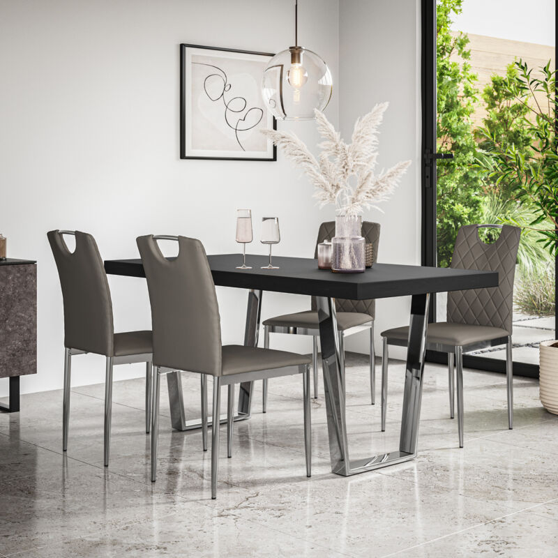 More4homes - Aria Dining Table And Chairs - Black Table Top w Chrome Legs + Monza Faux Leather Dining Chair w Chrome Legs Set Of 4 (Grey)