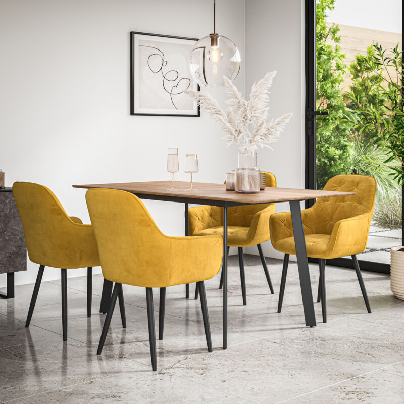 More4homes - Haydon Extending Dining Table And Chairs - Oak Effect Table Top w Black Legs + Anika Velvet Dining Chair Set Of 4 (Mustard)