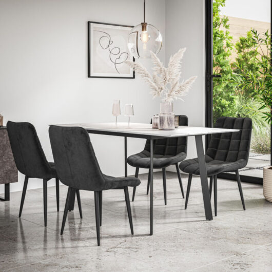 More4homes - Haydon Extending Dining Table + Chairs- White Marble Effect Table Top w Black Legs + Nova Velvet Dining Chair Set Of 6 (Black)