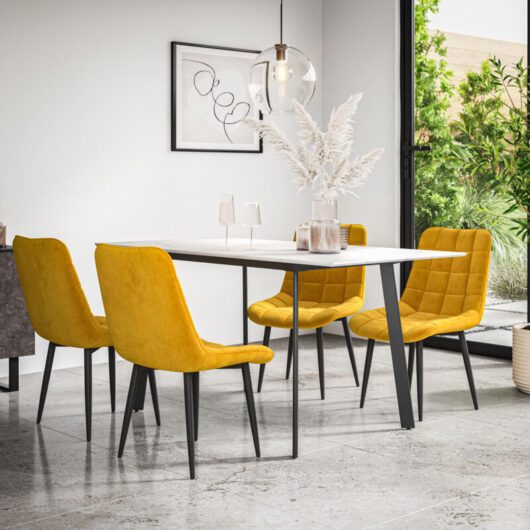 More4homes - Haydon Extending Dining Table + Chairs- White Marble Effect Table Top w Black Legs + Nova Velvet Dining Chair Set Of 6 (Mustard)