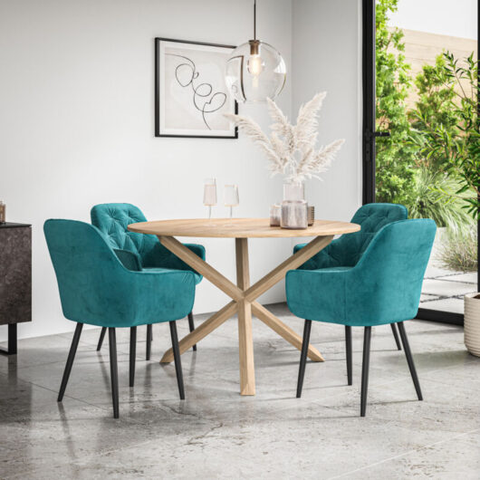 More4homes - Malvern Round Dining Table And Chairs - Oak Table Top w Solid Oak Legs + Anika Velvet Dining Chair Set Of 4 (Blue)