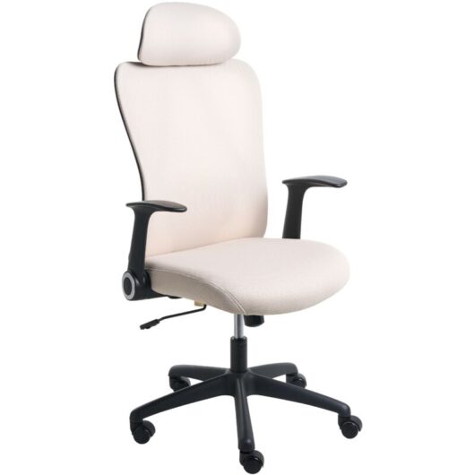 Office Chair Beige Fabric Upholstery Swivel Desk Computer Adjustable Headrest Flip Up Armrests Tilt ZYVEN