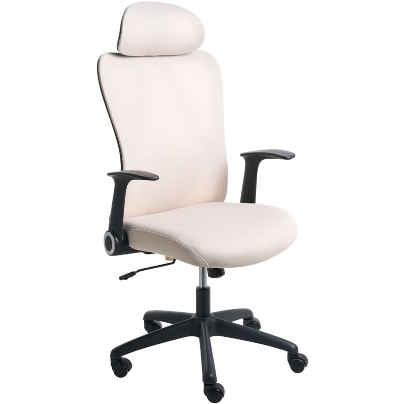 Office Chair Beige Fabric Upholstery Swivel Desk Computer Adjustable Headrest Flip Up Armrests Tilt ZYVEN