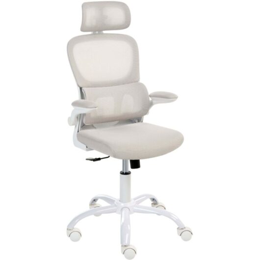 Office Chair Beige Mesh Upholstery Iron Base Swivel Adjustable Height Headrest and Padded Armrests Tilting Backrest with Lock Mechanism Home Office