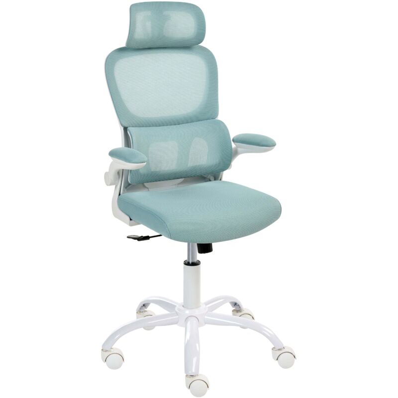 Office Chair Blue Mesh Upholstery Iron Base Swivel Adjustable Height Headrest and Padded Armrests Tilting Backrest with Lock Mechanism Home Office