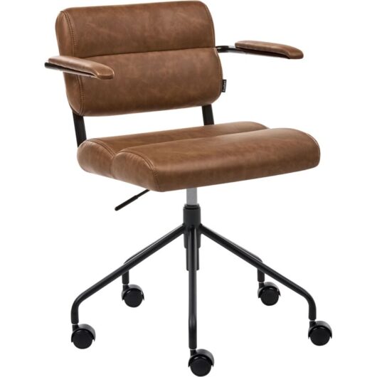Office Chair Brown Faux Leather Swivel Adjustable Height with Armrests Home Office Study Traditional CANDOR