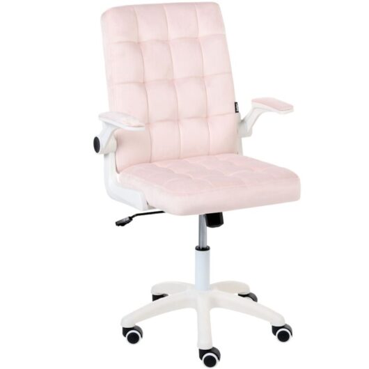 Office Chair Pastel Pink Velvet Upholstery Tilting Backrest Adjustable Armrest & Height Swivel Home Office DANDY