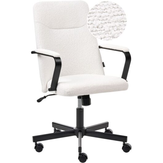 Office Chair White Boucle Swivel Adjustable Height with Armrests Home Office Study Traditional Modern CAROGA