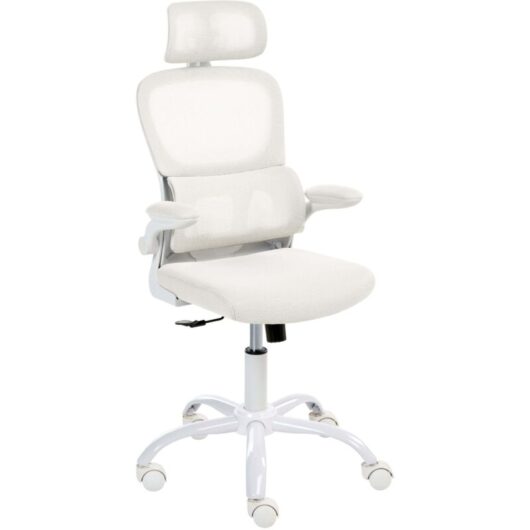 Office Chair White Mesh Upholstery Iron Base Swivel Adjustable Height Headrest and Padded Armrests Tilting Backrest with Lock Mechanism Home Office