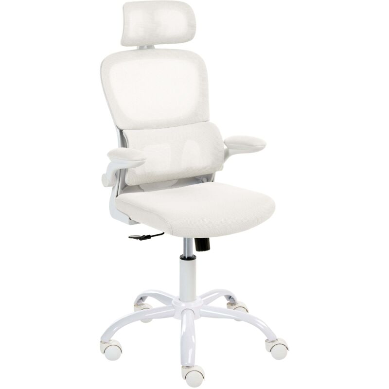 Office Chair White Mesh Upholstery Iron Base Swivel Adjustable Height Headrest and Padded Armrests Tilting Backrest with Lock Mechanism Home Office