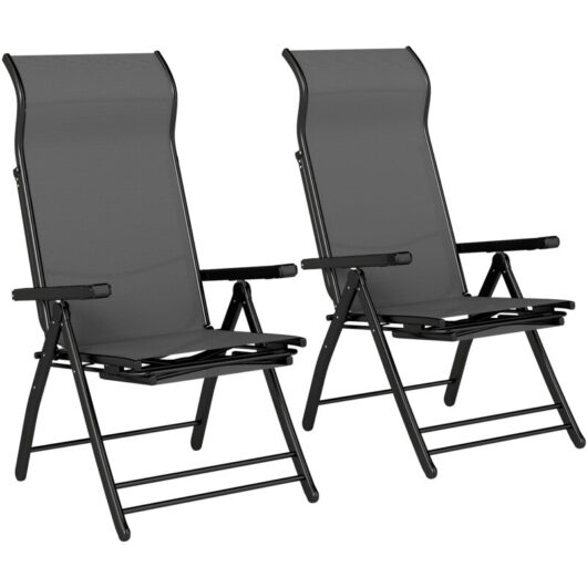 Outsunny Folding Reclining Garden Chairs Set of 2 with Footrest, Dark Grey