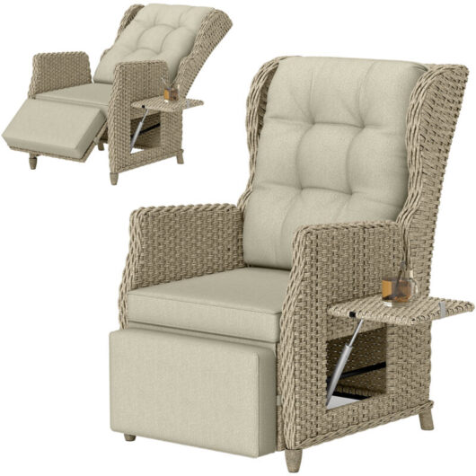 Outsunny Rattan Garden Recliner Chair with Flip Table, Brown