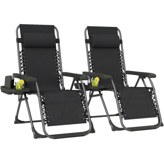 Outsunny Zero Gravity Chairs Set of 2 with Cup Holder, Headrest, Black