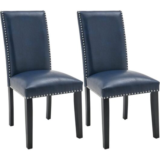 PADMA HOUSE Parsons Dinning Chairs with Nail-Heads Trim, Faux Leather Kitchen Accent Side Upholstered Seat, Solid Wood Legs (Dark Blue, Set of 2)
