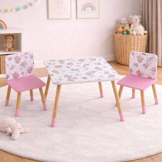 Peekskill Wooden Kids Table And 2 Chairs In Pink And White