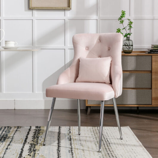 QHJ - Button Pattern Dining Chair, Upholstered Armchair, Metal Leg Chairs, Modern Lounge Chair, Bedroom Living Room Chair with Lumbar Cushion, Pink