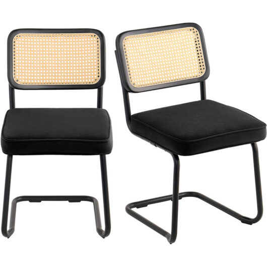 Rattan Chairs, Set of 2, Mid Century Modern Dining Chair, Upholstered Velvet Accent Chair with Rattan Back, Retro Dining Room Kitchen Chair for