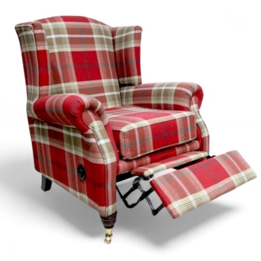 Reclining Wing Chair Fireside High Back Armchair Balmoral Red Check Fabric P&S