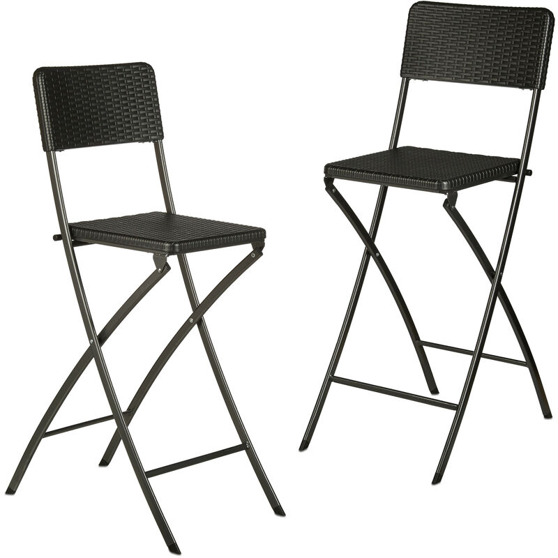 Relaxdays - bastian Folding Bar Stools, Rattan Look, Backrest, Bistro Chairs, Foldable, 78 cm Tall, Counter-Height, Black