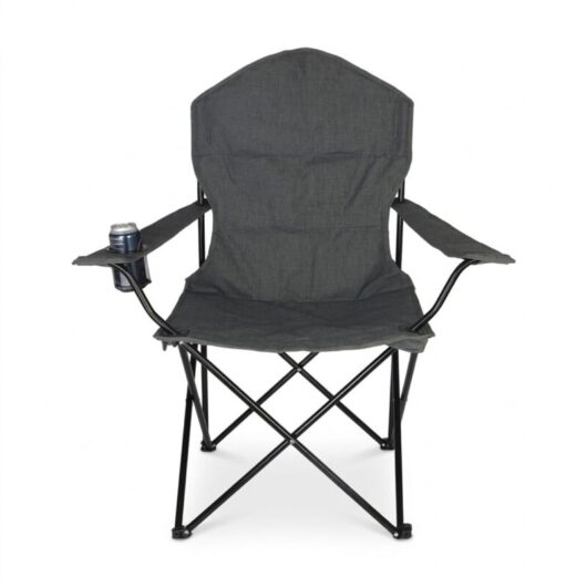 Relaxdays folding camping chair, armrests, cup holder, carrying bag, HxWxD: 106x90x45 cm, 100 kg, grey