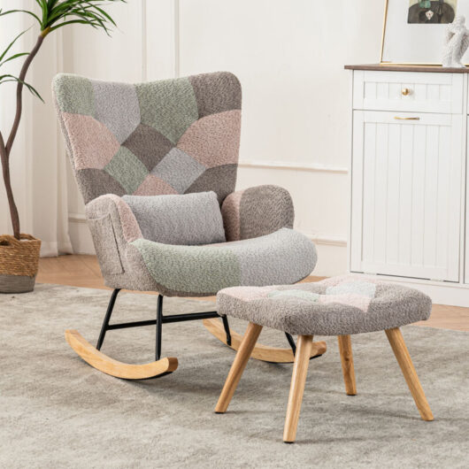 Rocking Chair, Fabric Relaxing Chair with Solid Wood Legs, Accent Armchair with Ottoman Single Sofa for Living Room Bedroom, Multicolour
