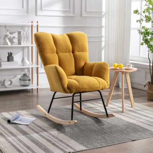 Rocking Chair Mid Century Modern Teddy Fabric Tufted Upholstered Padded Seat For Living Room Bedroom,Yellow