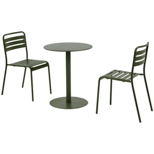 Round steel bistro garden table Ø60cm + 2 chairs, khaki green - Orea + Amelia
