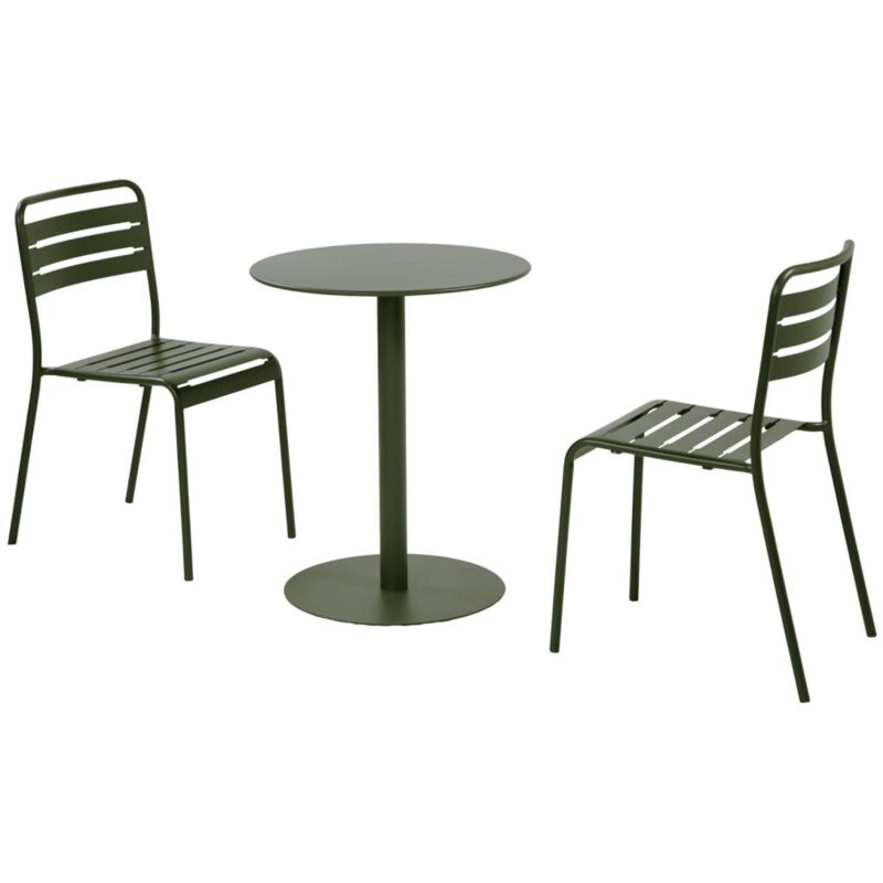 Round steel bistro garden table Ø60cm + 2 chairs, khaki green - Orea + Amelia