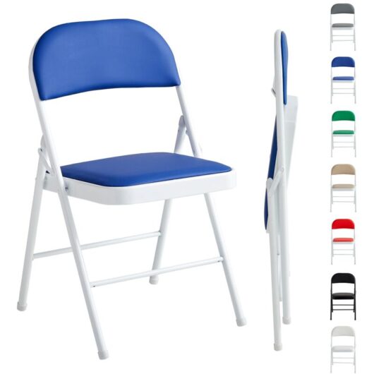 Set of 1 Faux Leather Foldable Chair with Metal Frame and Padded Seat BLUE