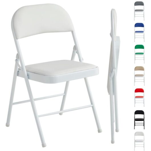 Set of 1 Faux Leather Foldable Chair with Metal Frame and Padded Seat WHITE
