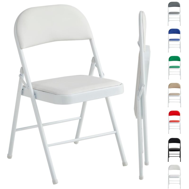 Set of 1 Faux Leather Foldable Chair with Metal Frame and Padded Seat WHITE