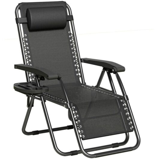 Set of 1 Zero Gravity Reclining Folding Outdoor & Garden Chairs with Textilene Fabric, Cup Holder and Headrest Pillow BLACK FRAME & BLACK TEXTILENE