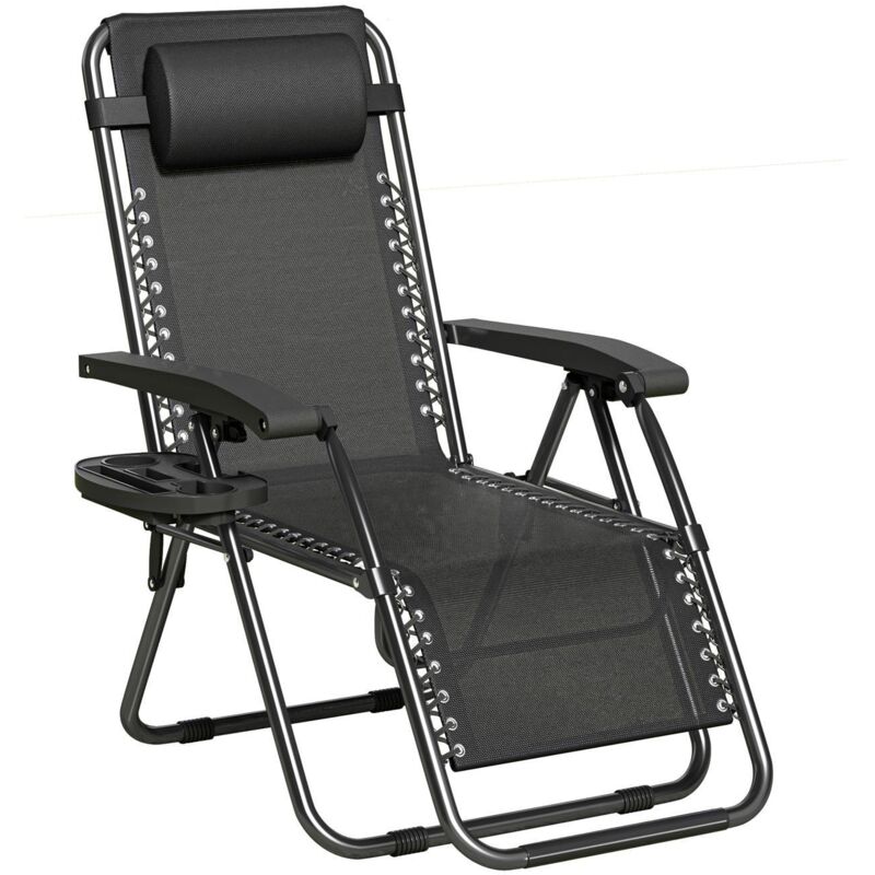 Set of 1 Zero Gravity Reclining Folding Outdoor & Garden Chairs with Textilene Fabric, Cup Holder and Headrest Pillow BLACK FRAME & BLACK TEXTILENE