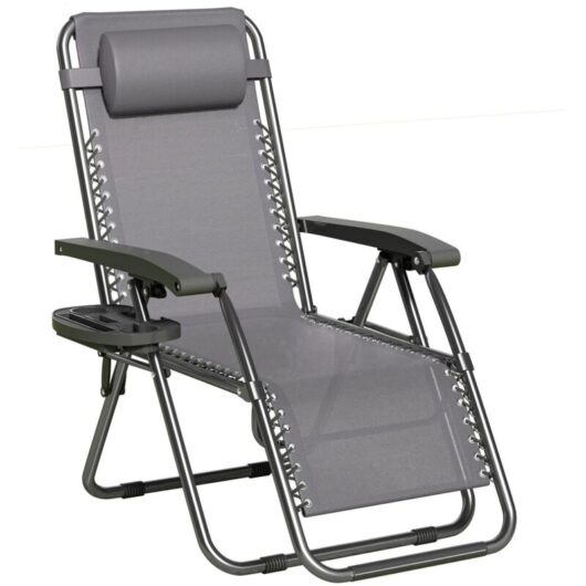 Set of 1 Zero Gravity Reclining Folding Outdoor & Garden Chairs with Textilene Fabric, Cup Holder and Headrest Pillow BLACK FRAME & DARK GREY