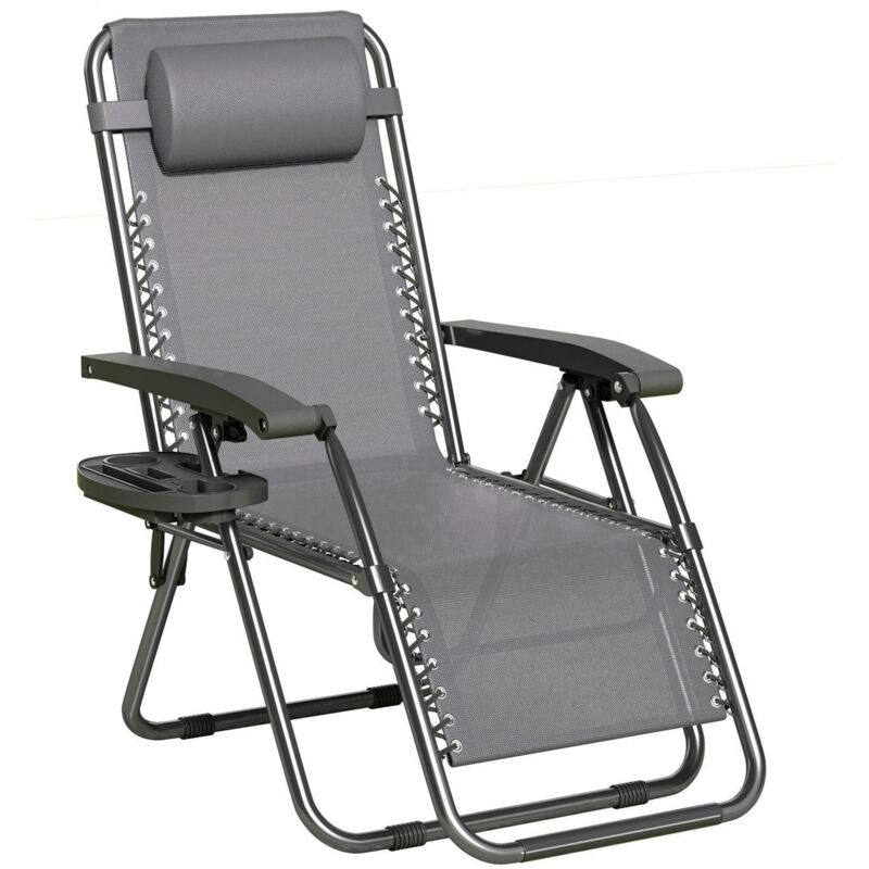 Set of 1 Zero Gravity Reclining Folding Outdoor & Garden Chairs with Textilene Fabric, Cup Holder and Headrest Pillow BLACK FRAME & DARK GREY