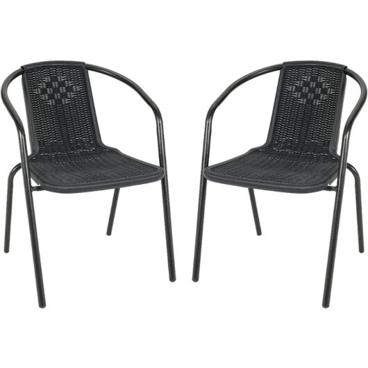 Set of 2 Black Garden Patio Metal Wicker Stacking Chairs