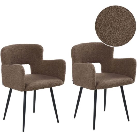 Set of 2 Chairs Dining Chair Brown Teddy Boucle with Armrests Cut-Out Backrest Black Metal Legs SANILAC