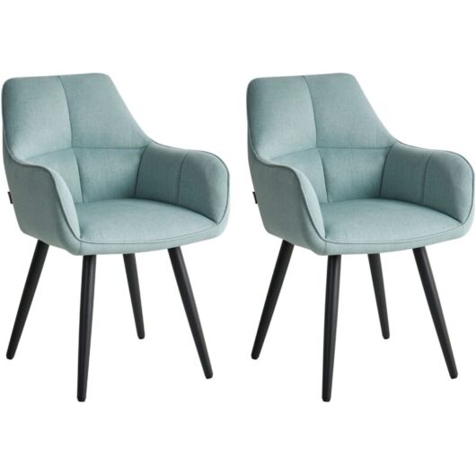 Set of 2 Dining Accent Chairs Light Blue Faux Linen Upholstery with Armrests Metal Base Modern Design TIRANO