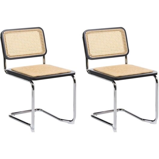 Set of 2 Dining Chairs Black and Natural Rattan Cantilever Silver Legs Armless Retro Design CORDOVA
