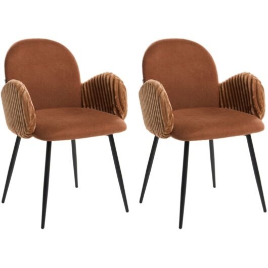 Set of 2 Dining Chairs Brown Fabric Upholstery With Velvet Armrests Retro AMITY