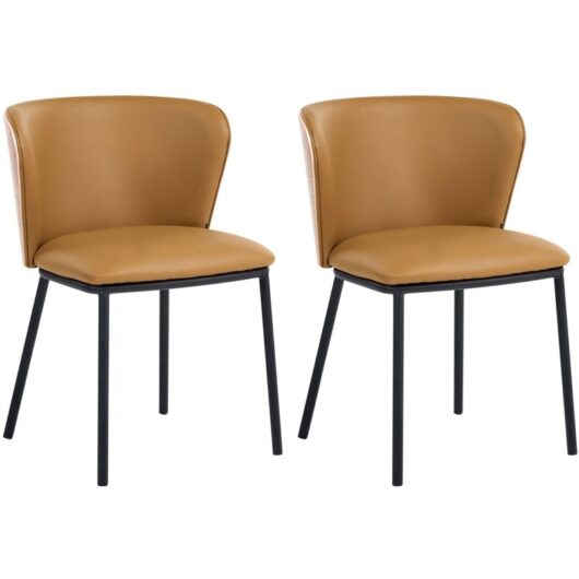 Set of 2 Dining Chairs Brown Faux Leather Black Iron Legs Armless Protective Caps Modern Minimalism Design Dining Room HOSKIN