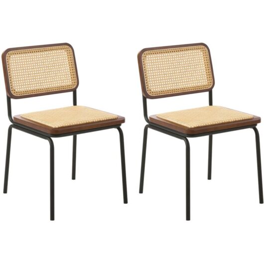 Set of 2 Dining Chairs Brown PE Rattan Seat and Backrest Iron Legs Armless Protective Caps Modern Boho Design CORVALLIS