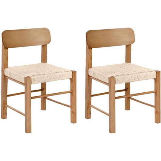 Set of 2 Dining Chairs Brown Rubberwood Paper Rope Woven Seat Boho Style Kitchen Dining Room ALLOS