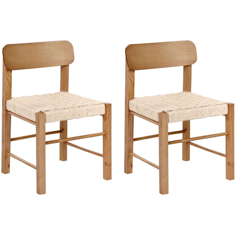 Set of 2 Dining Chairs Brown Rubberwood Paper Rope Woven Seat Boho Style Kitchen Dining Room ALLOS